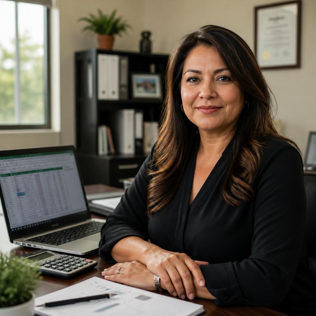 Bookkeeper and QuickBooks ProAdvisor at her desk reviewing client financials